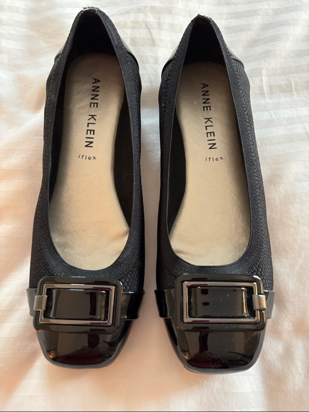 Anne Klein Black Patent Buckle Square-Toe Ballet Flats